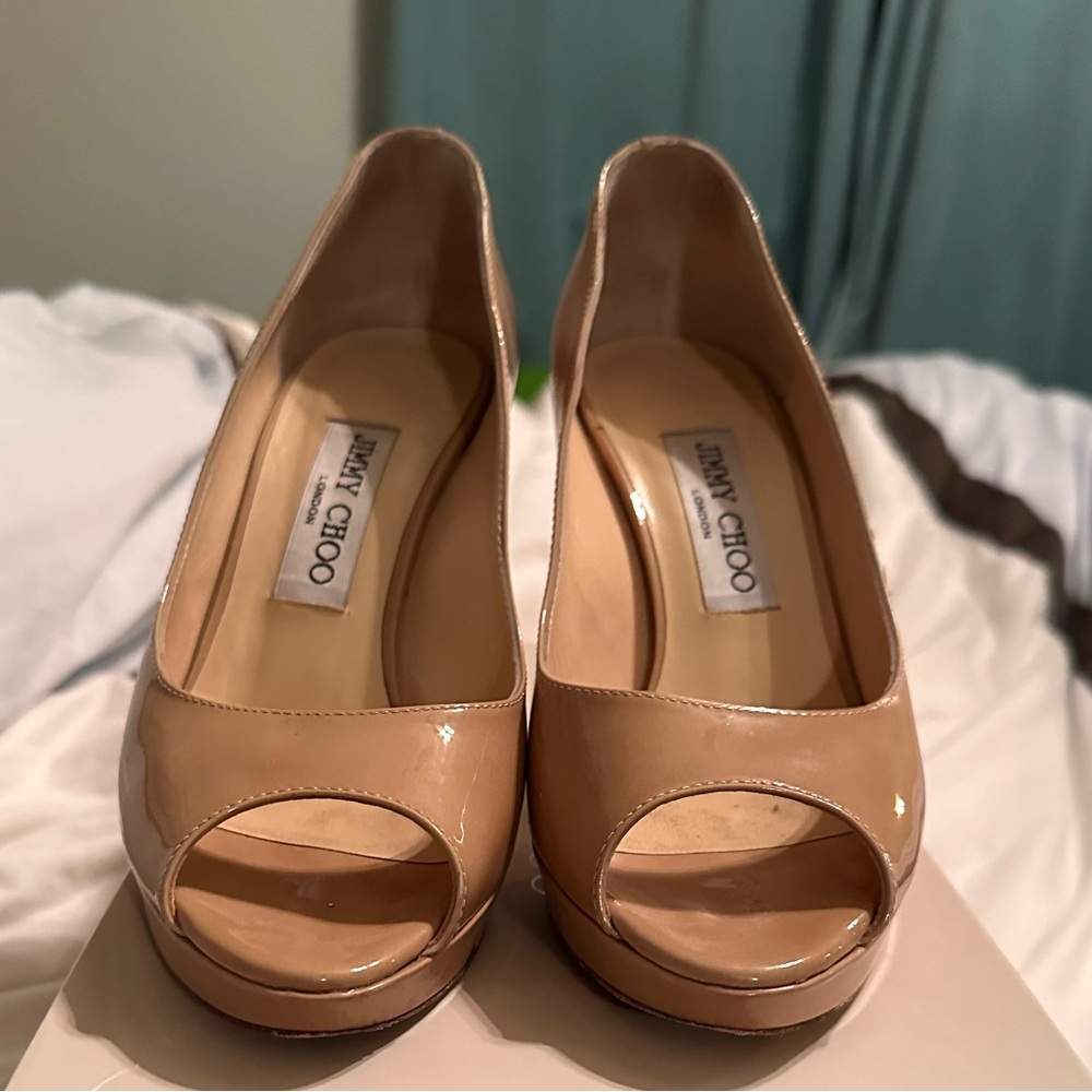 Jimmy Choo Nude Patent Peep-Toe Pumps